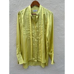 Alberto Biani Blouse Women's Medium Green Pleated Tie Neck Wide Cuff Satin‎